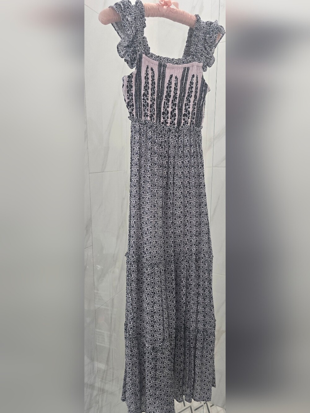 Jessica Simpson Black & Pink Floral Maxi Dress, Smocked Top, Flutter Straps XS